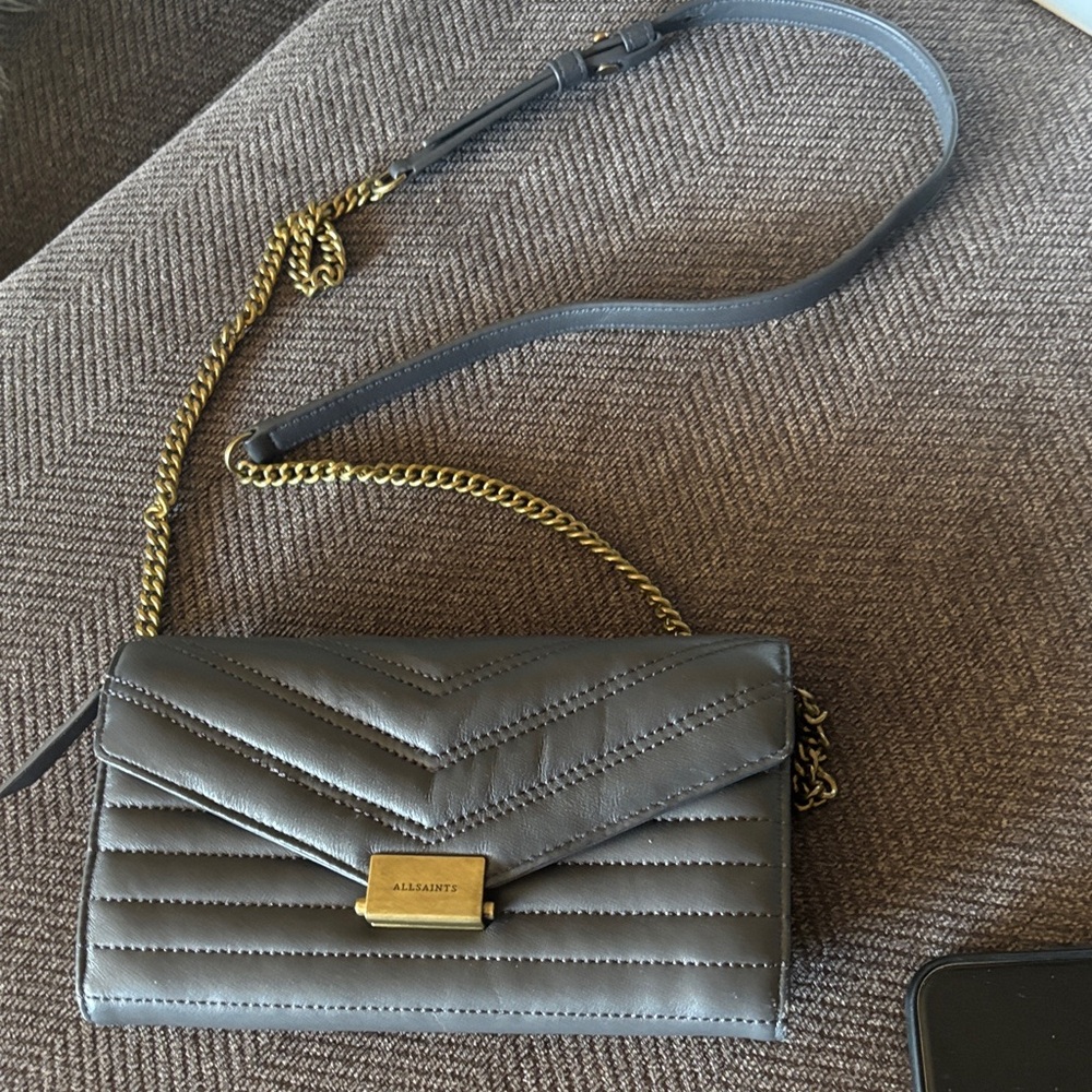 All saints Justine leather Gray Quilted Crossbody Bag